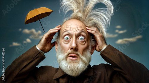 elderly man is worried with a windblown combover showing his bald patch, with a flying umbrella in the background photo