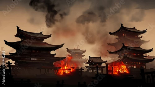loop Atmospheric Asian video fire animation ambient town burning temple blossom cherry tree architecture asia ancient building travel culture religion tower chinese historic buddhism japanese religio
