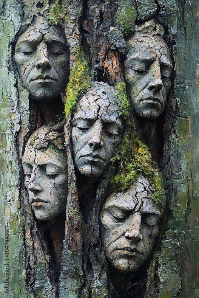 Intricate faces emerge from tree bark a stunning representation of nature's spirit and humanity's connection with the earth Intricate faces emerge from tree bark a stunning representation of nature's spirit and humanity's connection with the earth
