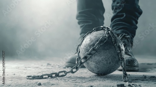 Financial burden represented as a heavy ball and chain, symbolizing the struggle of debt and its constraints on personal freedom. photo