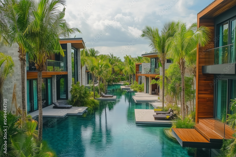Modern residence with tiled pool in backyard, Luxurious real estate space and design Modern residence with tiled pool in backyard, Luxurious real estate space and design