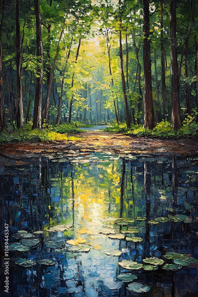 Obraz premium A serene wilderness scene sunlight filtering through trees onto a tranquil pond surrounded by lush greenery and lily pads