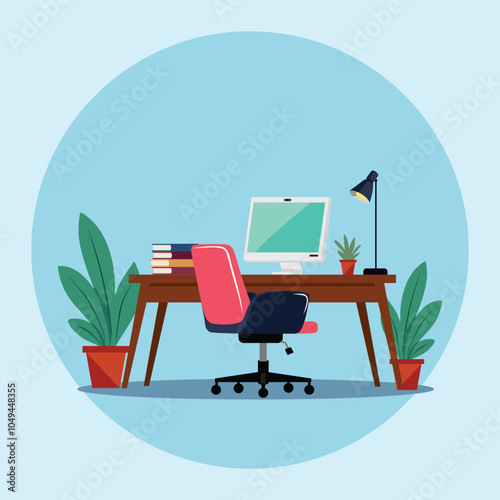 Office or home Desk with computer, plant, books or lamp and computer chair vector illustration with blue background or designing studio illustration art design 