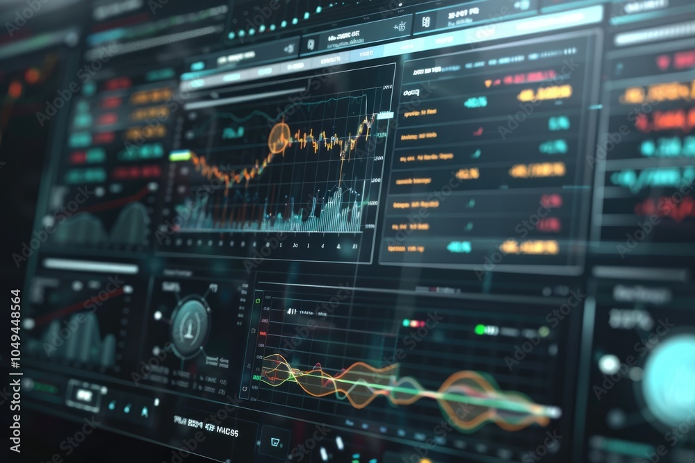 AI-driven stock market analysis on a sleek digital screen, showcasing advanced financial tools and dynamic charts AI-driven stock market analysis on a sleek digital screen, showcasing advanced financial tools and dynamic charts