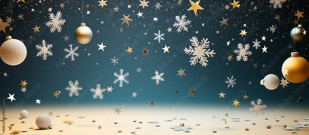 Fototapeta premium Abstract 3D Render of Floating Snowflakes, Stars, and Baubles with Gradient Background, generative ai