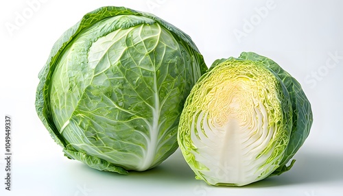 Whole Cabbage and Cabbage Wedge Displaying Leaves