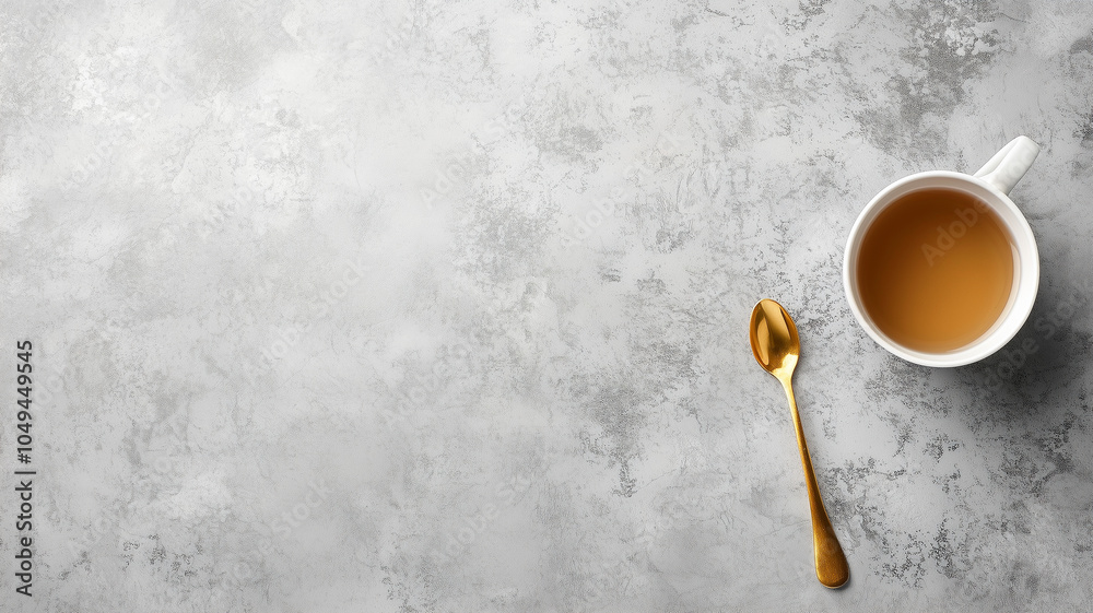 Top view of a cup of white tea with a gold spoon on a gray background Top view of a cup of white tea with a gold spoon on a gray background