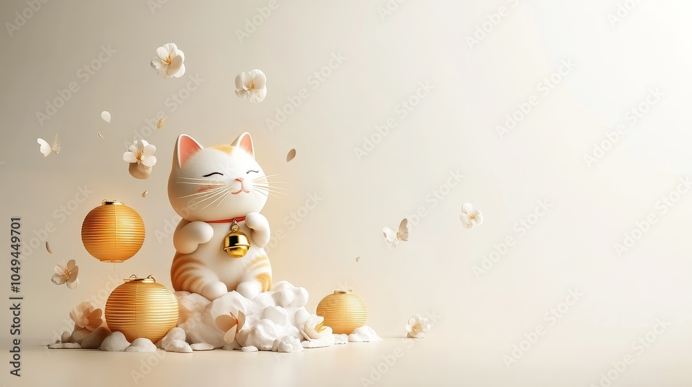 Lucky cat with golden bell, illuminated by vibrant Chinese lanterns, colorful 3D illustration celebrating cultural charm and prosperity