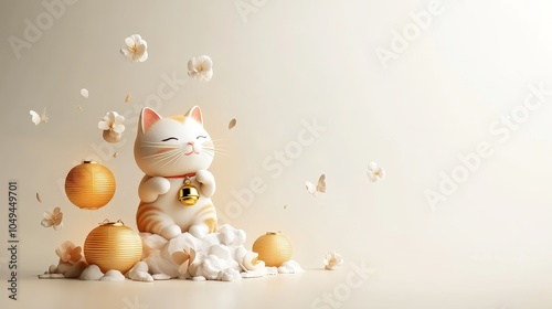 Obraz na płótnie Lucky cat with golden bell, illuminated by vibrant Chinese lanterns, colorful 3D illustration celebrating cultural charm and prosperity w salonie