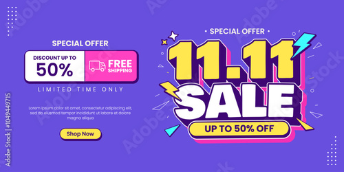 11 11 super sale promo banner with discount offer. 11 11 shopping festival super sale banner. Flash sale special offer banner for social media post or website banner. Flash sale campaign