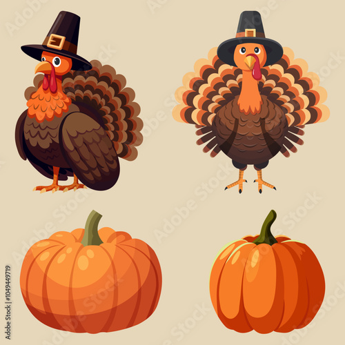 Happy Thanksgiving day elements with turkey and pumpkins isolated on white background. Vector illustration eps10 photo