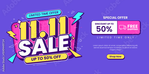 11 11 super sale promo banner with discount offer. 11 11 shopping festival super sale banner. Flash sale special offer banner for social media post or website banner. Flash sale campaign