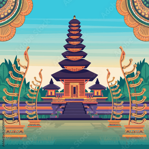 Balinese Hindu temple with tropical garden illustration