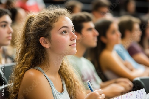 Students attending a university orientation session, taking notes and asking questions to prepare for the academic year ahead