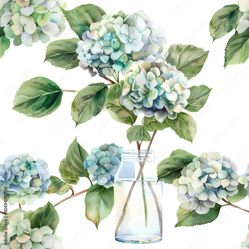 Delicate watercolor hydrangeas arranged in a glass vase, seamless design