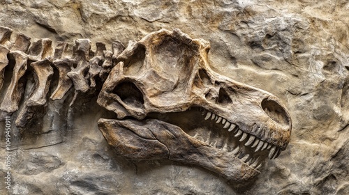 Dinosaur skeleton embedded in stone wall showing sharp teeth photo