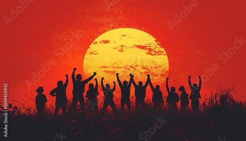 A striking sunset scene with silhouetted individuals raising their fists in joy, representing unity and empowerment against a stunning orange backdrop