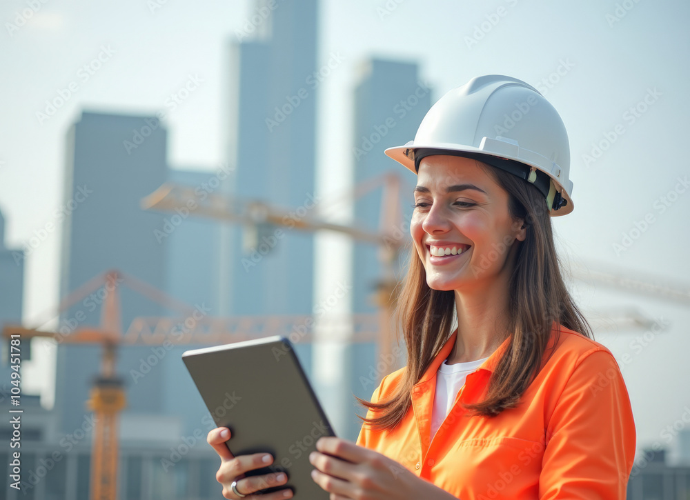 a female foreman engineer in a helmet with a tablet in her hands smiles at the construction site a female foreman engineer in a helmet with a tablet in her hands smiles at the construction site