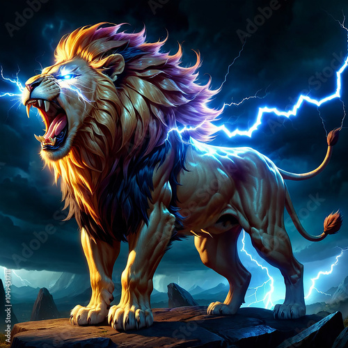 A majestic lion stands on a rocky outcrop, roaring with its mouth wide open and eyes glowing with blue electricity. The lions mane is a vibrant mix of gold and purple, and lightning bolts crackle behi photo