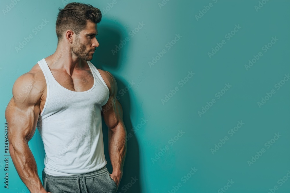 Fit man with a powerful physique and mental clarity, standing against a solid color background, ideal for gym flyers that promote the harmony of physical and mental fitness Fit man with a powerful physique and mental clarity, standing against a solid color background, ideal for gym flyers that promote the harmony of physical and mental fitness
