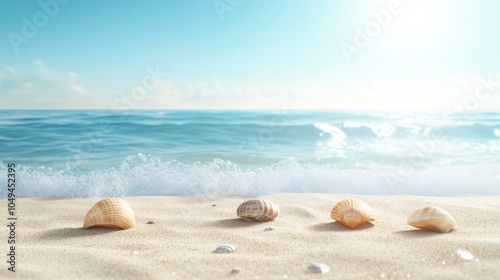 Tranquil Coastal Escape, serene sandy beach, gentle turquoise waves, scattered seashells, bright sunny atmosphere, immersive 3D illustration