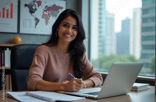 In the photo, an Indian woman economist is seated in her office, smiling as she analyzes data on her laptop. The walls are covered with diagrams, and her desk is filled with organized financial