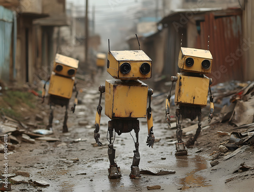 Miniature Yellow Robot Exploring Dystopian Junkyard Alleyway