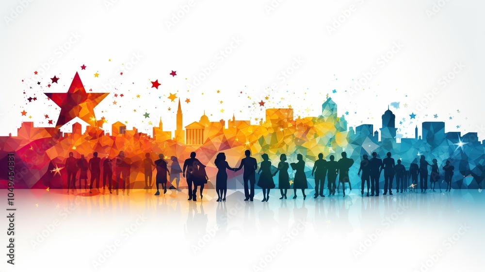Silhouette of people standing in front of a colorful cityscape with a star at the top. Silhouette of people standing in front of a colorful cityscape with a star at the top.