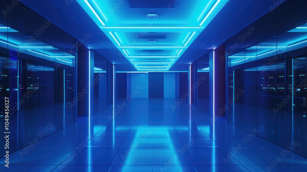Fototapeta premium Blue Neon Lit Hallway with Glass Doors Leading to Servers