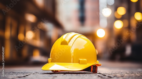 Bright yellow safety helmet placed on cobblestone street during early evening hours