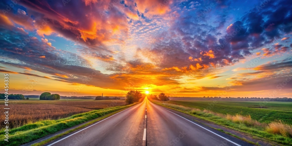 A long, straight road stretches towards a vibrant sunrise, with a panoramic vista of colorful clouds and a meadow of green grass A long, straight road stretches towards a vibrant sunrise, with a panoramic vista of colorful clouds and a meadow of green grass