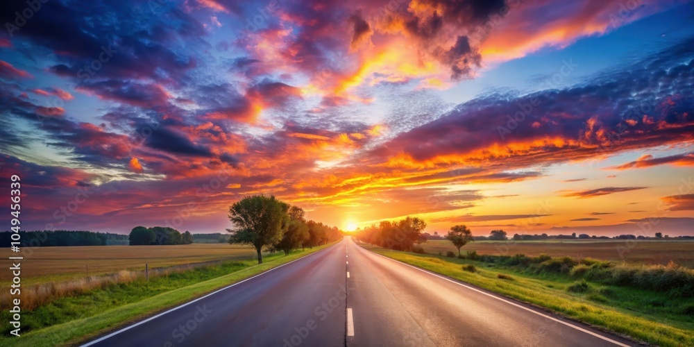 Naklejka premium A long and winding road leading to a vibrant sunrise with a fiery sky above