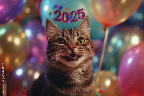Happy Smiling Cat with Balloons and Confetti in Front of 