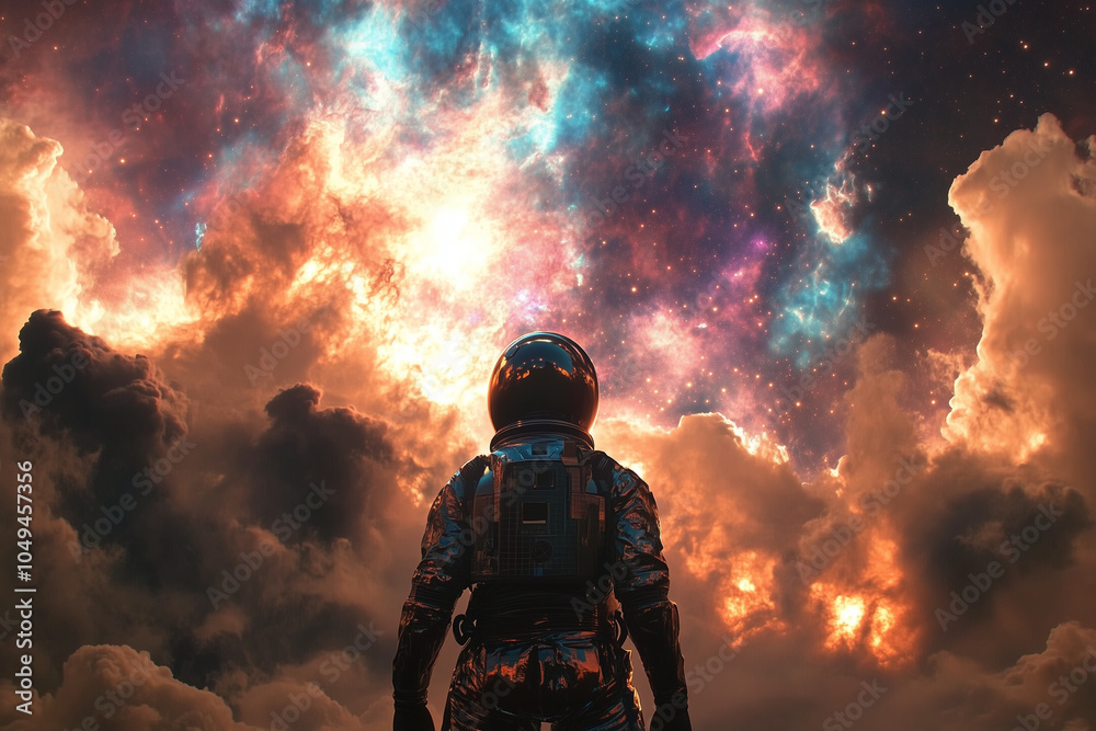 Astronaut in Reflective Spacesuit, Standing with the American Flag, Symbolizing Human Achievement and Exploration Astronaut in Reflective Spacesuit, Standing with the American Flag, Symbolizing Human Achievement and Exploration