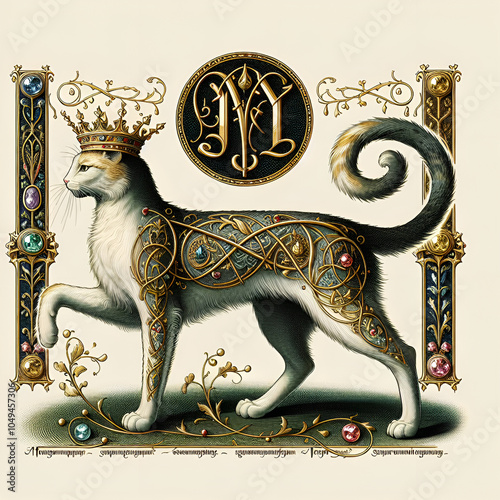 Victorian England. Medieval image of a cat. Full image of the animal on a blank background. Cat in a royal crown. The cat is presented in a dynamic pose, full-length, standing on its hind legs. Embroi photo