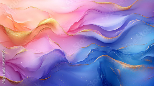 Wallpaper Mural Soft waves of pink, blue, and purple blend seamlessly in this fluid art. Gold accents give the impression of shimmering, flowing textures across the canvas Torontodigital.ca