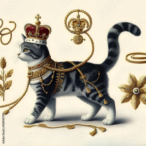 Victorian England. Medieval image of a cat. Full image of the animal on a blank background. Cat in a royal crown. The cat is presented in a dynamic pose, full-length, standing on its hind legs. Embroi