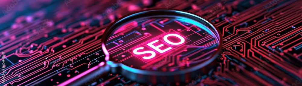 Obraz premium Magnifying glass over circuit board with SEO text, vibrant colors, technology concept.