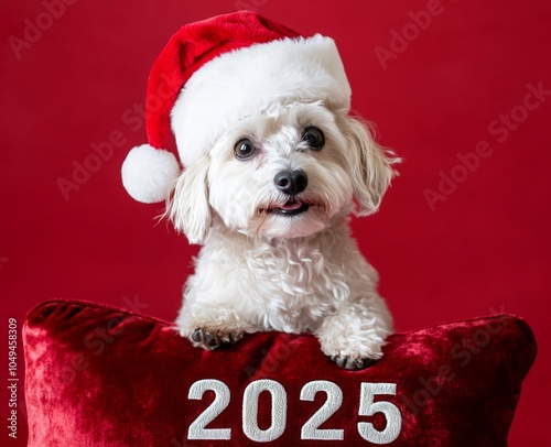 Small White Dog in Santa Hat Sitting on Red Velvet Pillow with 