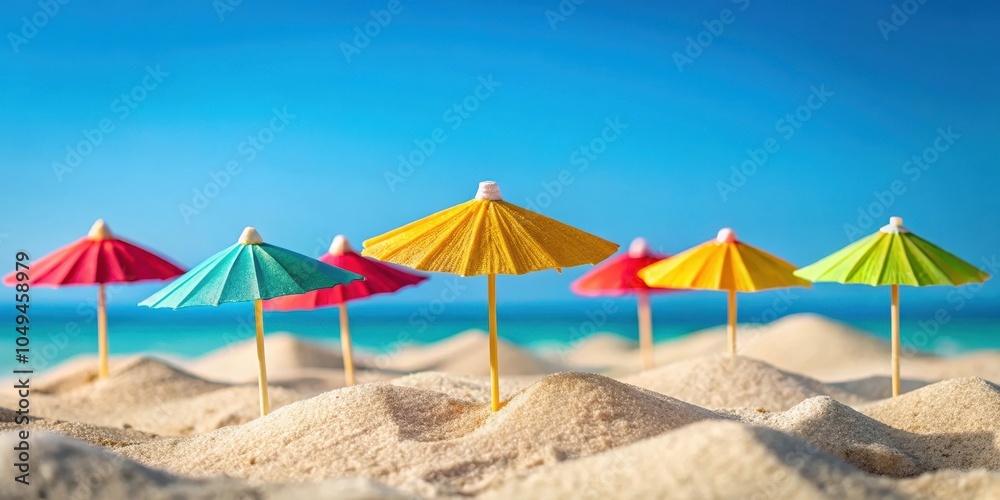 Fototapeta premium A row of colorful miniature umbrellas planted in the sand on a sunny beach with a blue sky and turquoise ocean in the background.