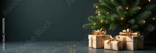 Gifts are lying under the Christmas tree on a blue background, empty space