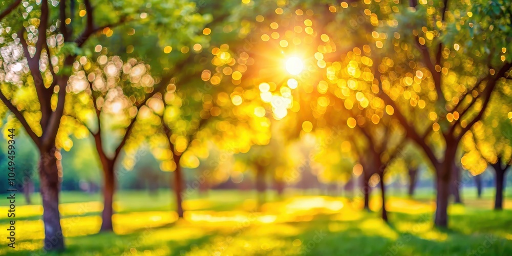 Fototapeta premium A dreamy, out-of-focus image of a park with trees bathed in warm sunlight, creating a soft, golden bokeh effect.