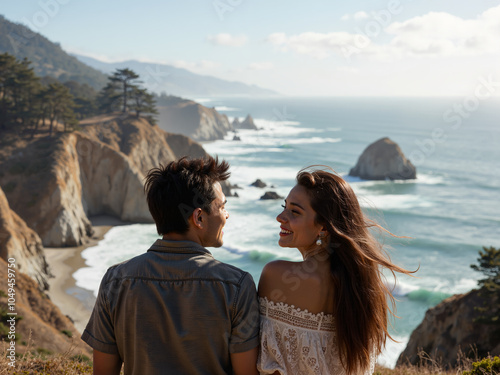 Love flourishes amidst nature s breathtaking beauty and serene ocean waves, photography of romantic concept. photo