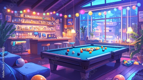 Nighttime Pool Table Illustration in a Colorful Game Room