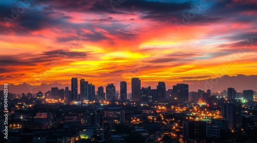 City skyline silhouetted against vibrant oranges, pinks, glowing lights. AI generated photo