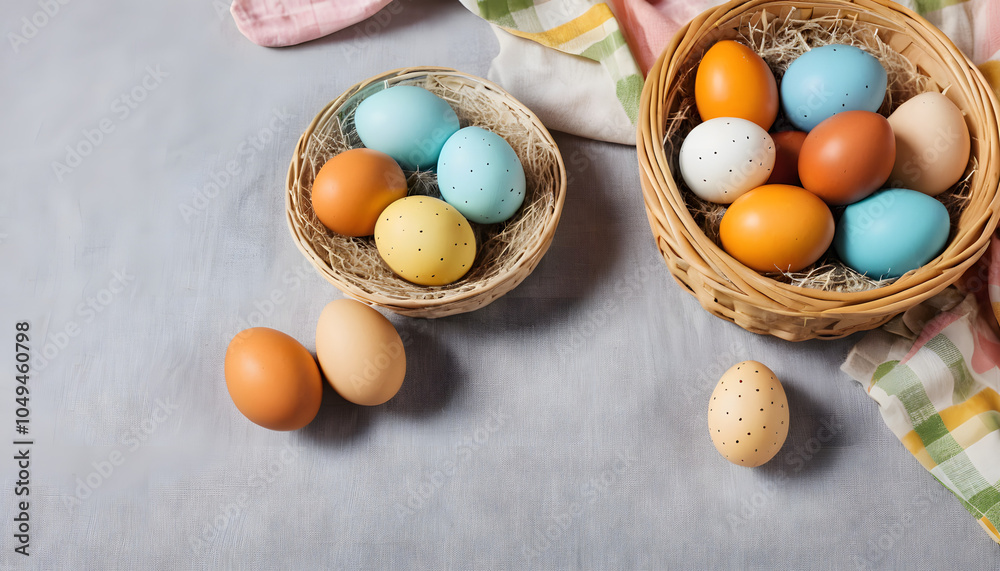 Assorted Easter eggs in baskets and on cloth with soft colors
Assorted Easter eggs in baskets and on cloth with soft colors