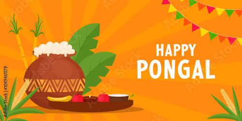 flat design happy pongal festival illustration horizontal banner