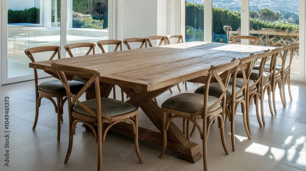 Fototapeta premium Modern Wooden Dining Table in Bright Space