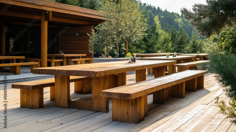 Rustic Outdoor Dining Space with Wooden Tables Rustic Outdoor Dining Space with Wooden Tables