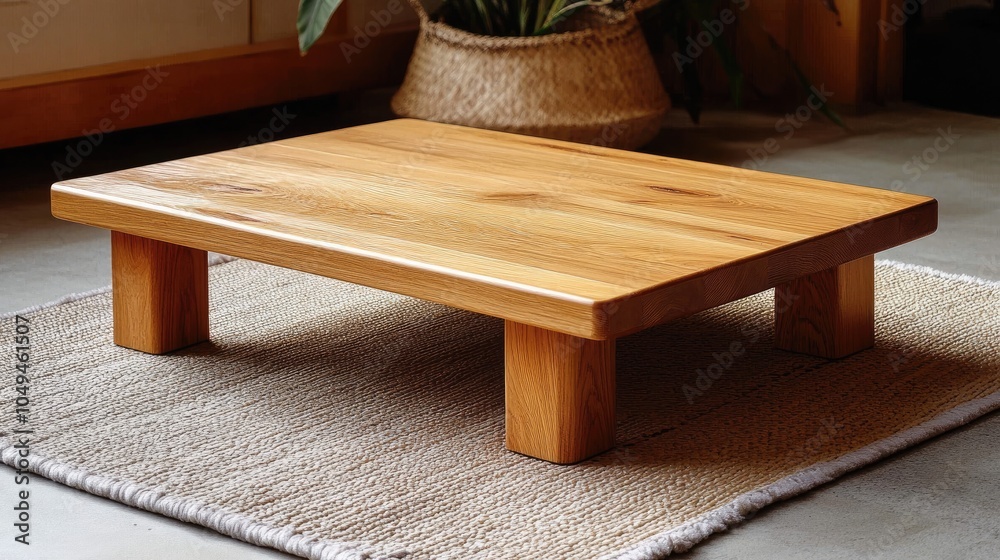 Wooden Platform Table on Natural Fiber Rug Wooden Platform Table on Natural Fiber Rug